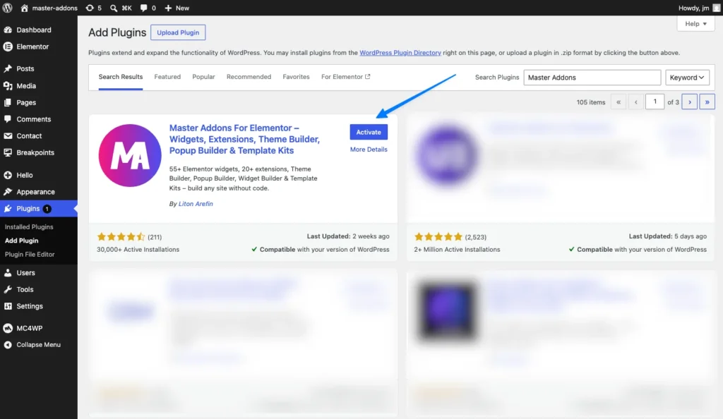 Master Addons for Elementor in the plugin search results with the Install Now button