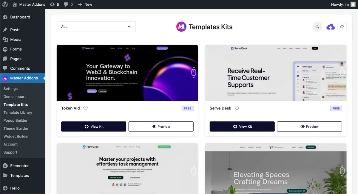 Master Addons Template kit library