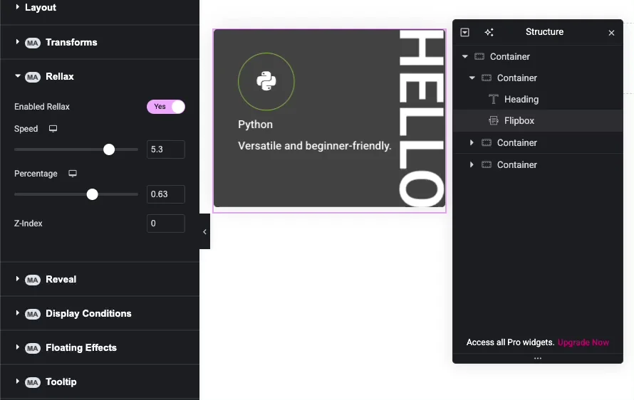 Rellax scroll effect with flipbox and heading