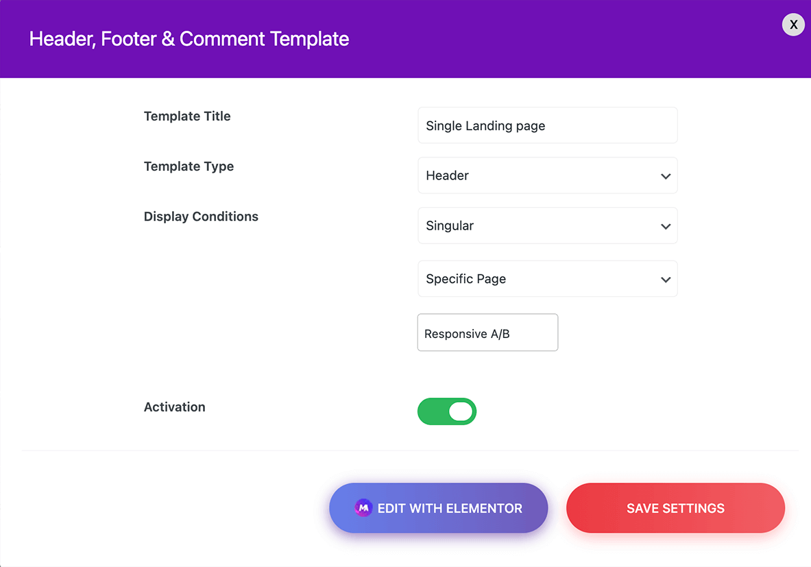 Add singular page header from template builder