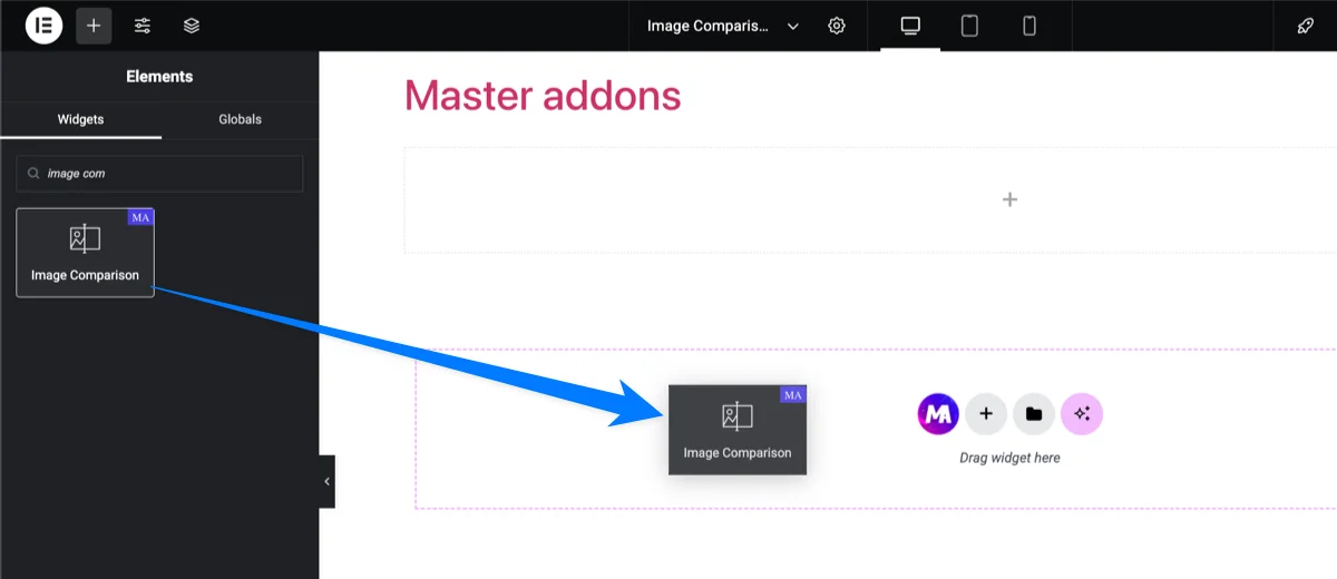 Drag Image Comparison element in the editor