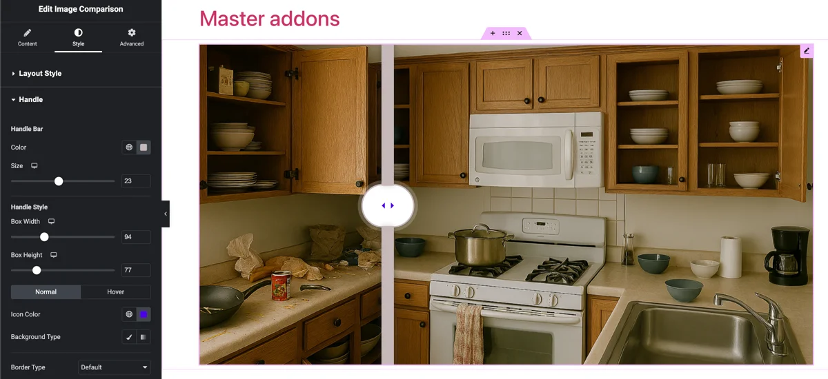 Elementor image comparison slider style
