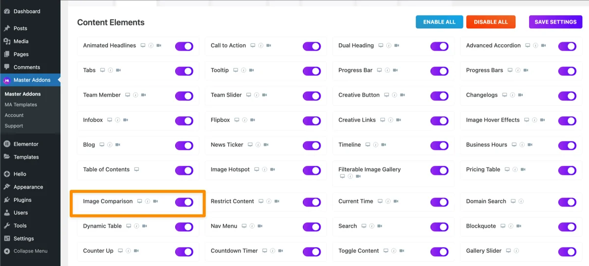 enable elementor image comparison