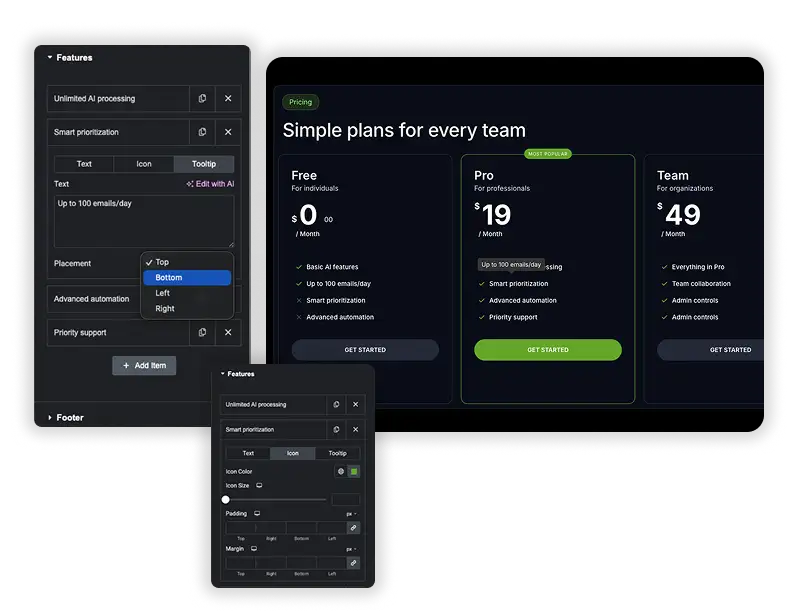 Interactive Feature Lists with Icons & Tooltips