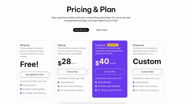 Cambie el ejemplo de contenido con precios con un cambio de facturación mensual y facturada anual encima de los planes personales y de inicio