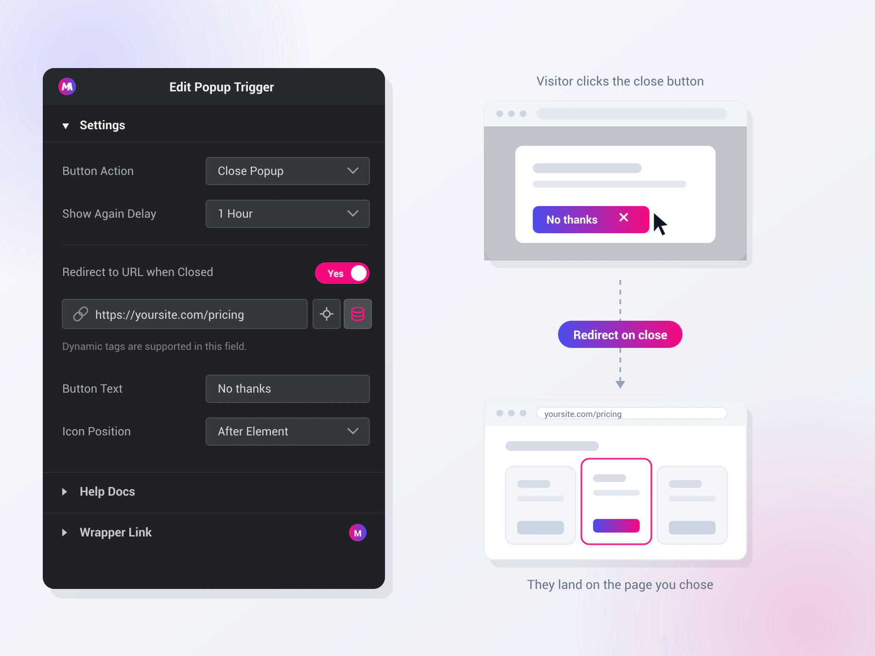 master addons feature redirect on close