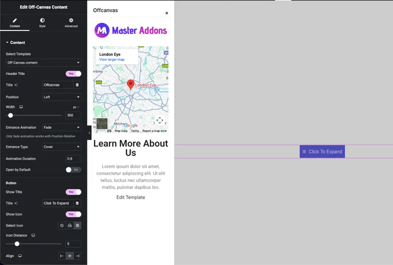 off canvas content element by master addons