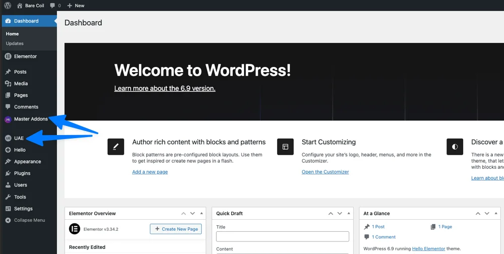 WordPress dashboard sidebar showing both Master Addons and Ultimate Addons for Elementor menu items