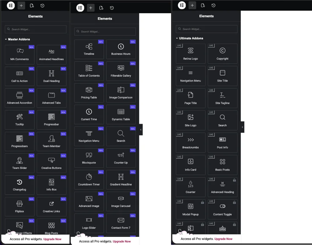 Side by side Elementor pages comparing a structured UAE-based layout and a creative Master Addons layout