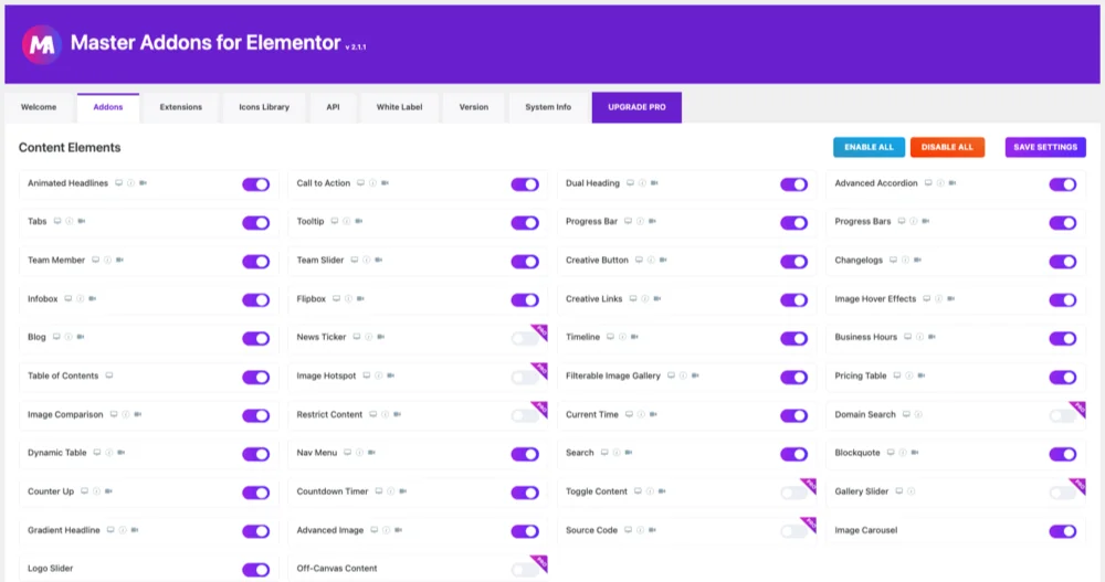 Master Addons settings screen showing multiple creative widgets and extensions toggles