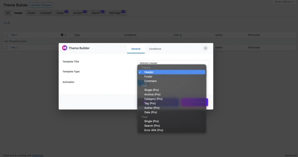 Master Addons Theme Builder interface listing header, footer, and comment templates with display conditions