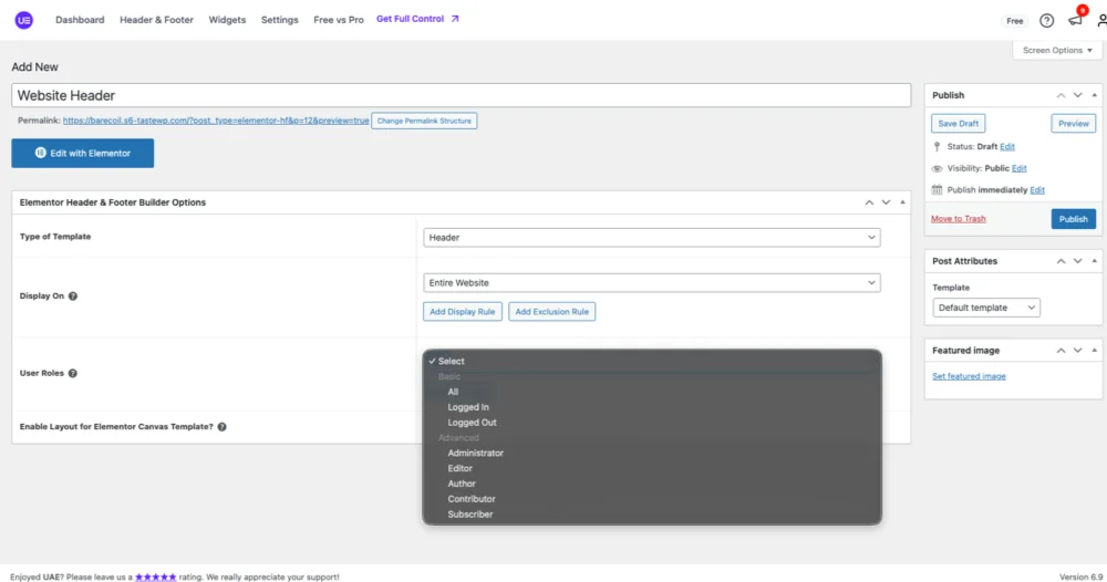 Ultimate Addons for Elementor Lite settings panel highlighting header, footer, and navigation options