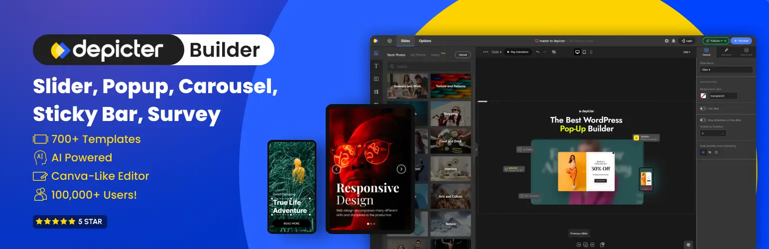 Depicter Builder plugin banner advertising slider, popup, carousel and sticky bar with 700+ templates