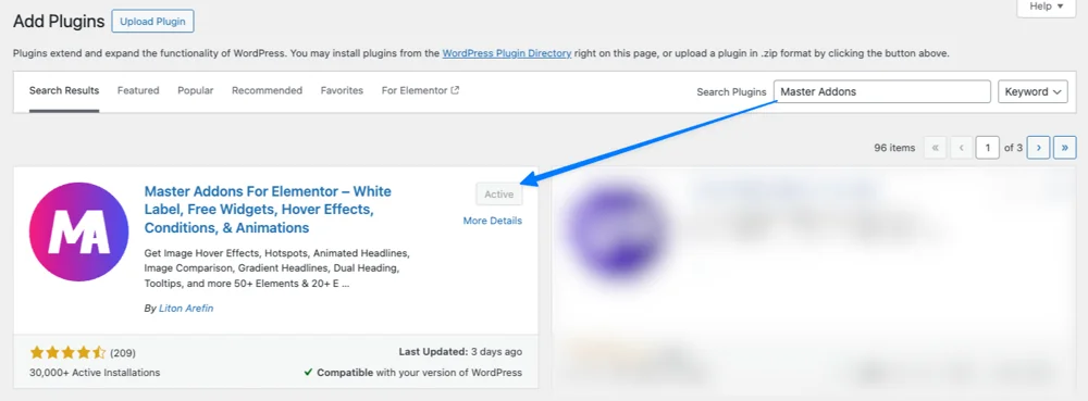 Install and activate Master Addons plugin from WordPress dashboard