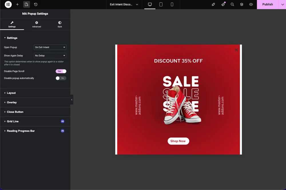 Browse Master Addons popup template library and import prebuilt popups
