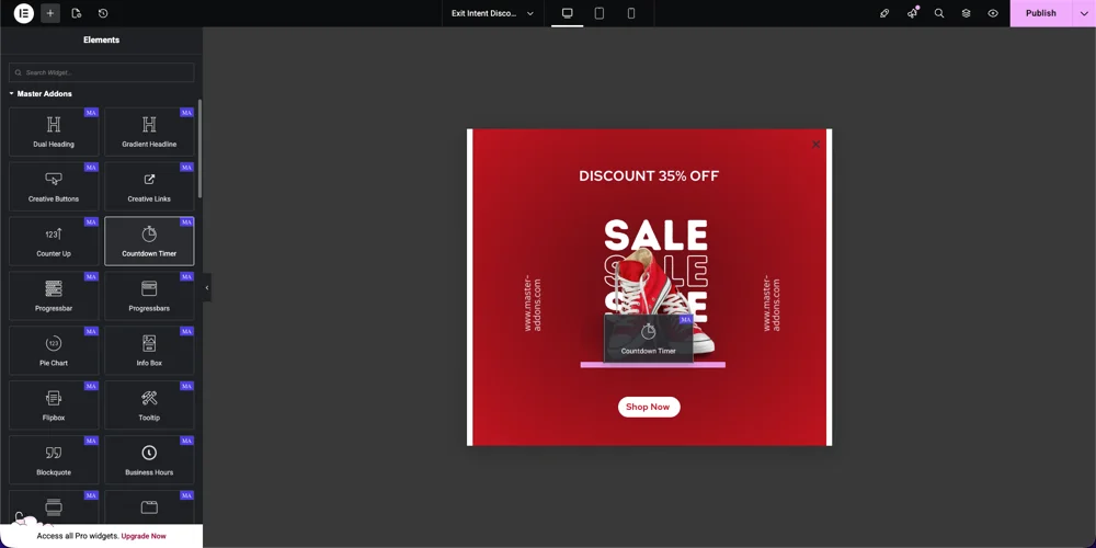 Drag and drop Elementor widgets to design popup content