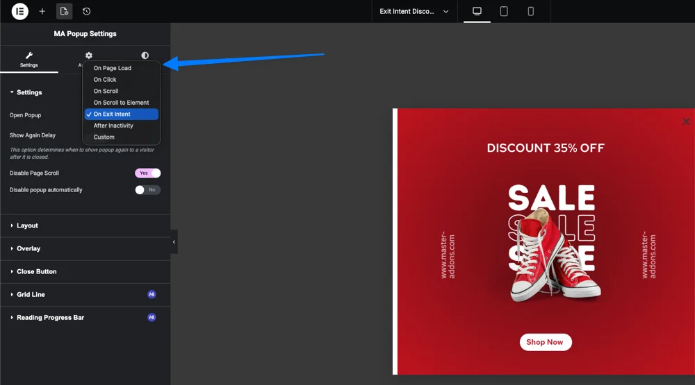 Select popup trigger type in Master Addons popup settings