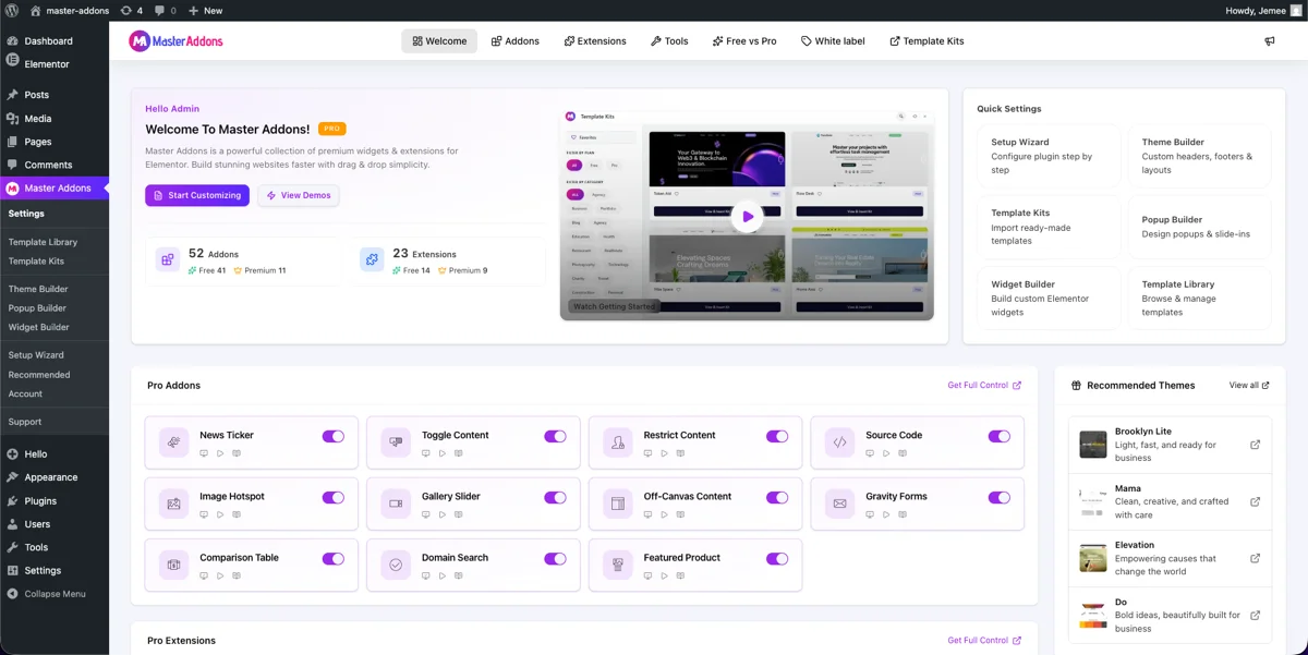 Master Addons v3 option panel in WordPress admin with per-widget toggles, category filters and free and pro labels