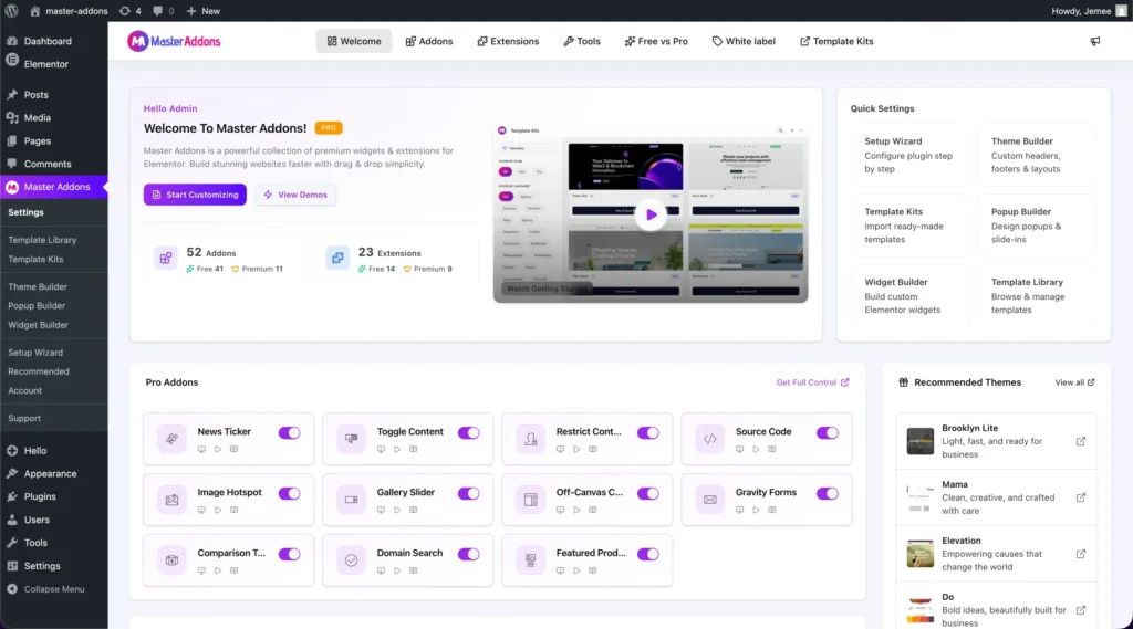 Master Addons v3.0.0 Redesigned Option Panel Showing 52 Addons