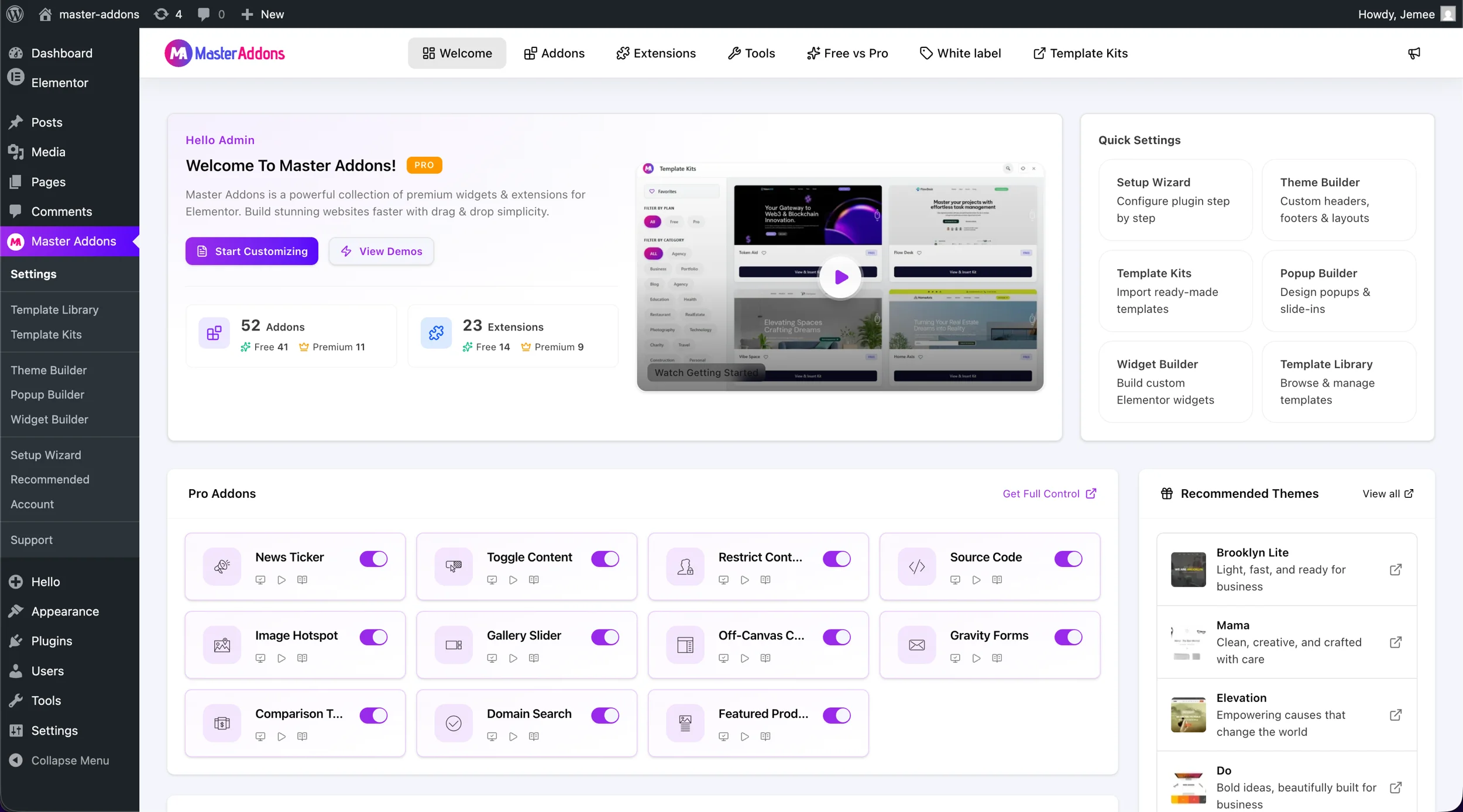Master Addons v3.0.0 Redesigned Option Panel Showing 52 Addons