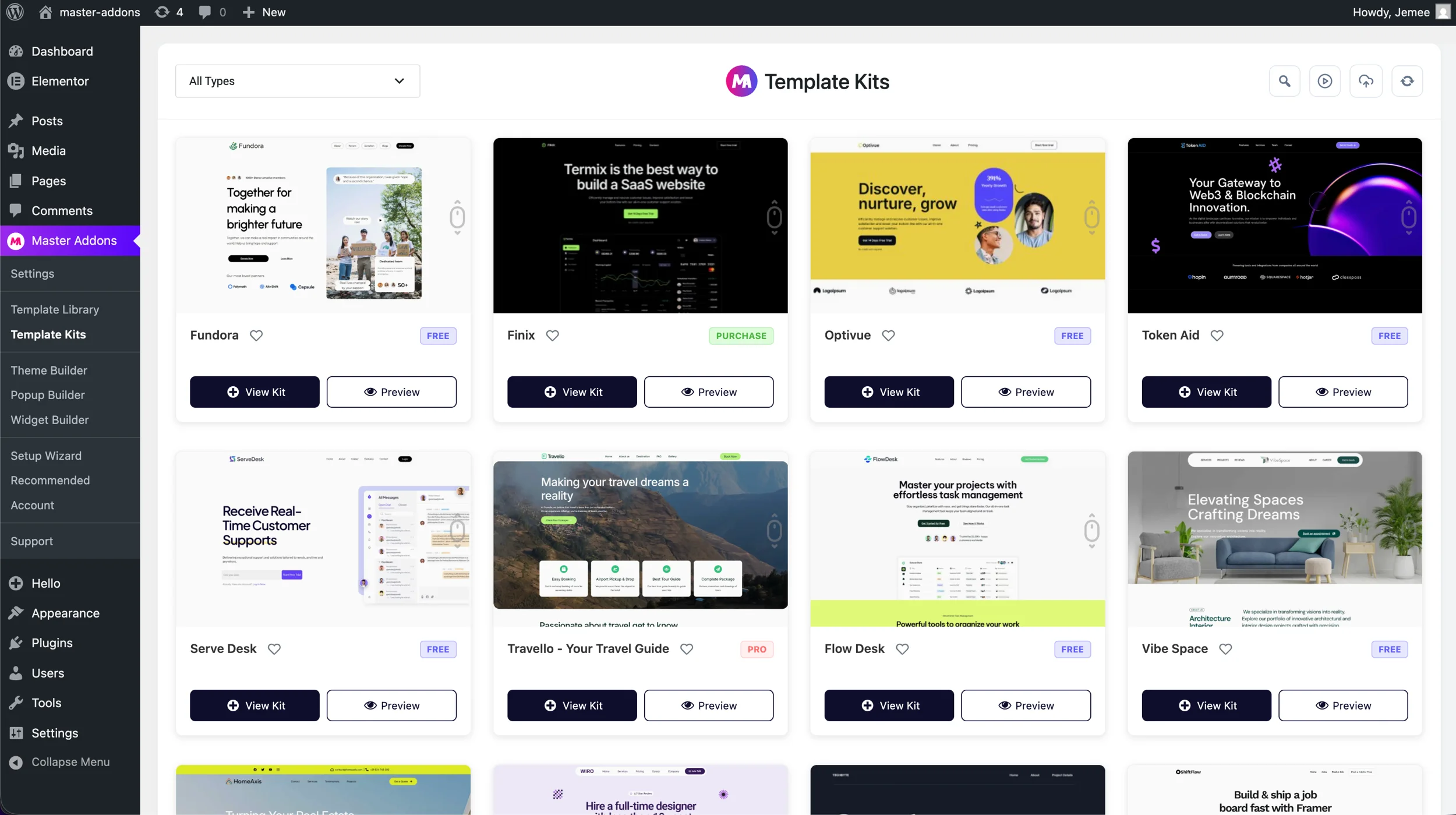 Master Addons v3.0.0 Template Kits Library in WordPress Dashboard