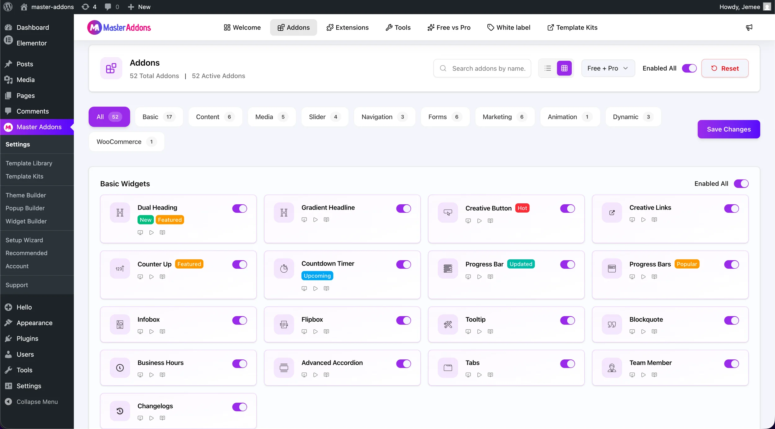 Master Addons v3.0.0 Welcome Dashboard with 52 Addons and 23 Extensions