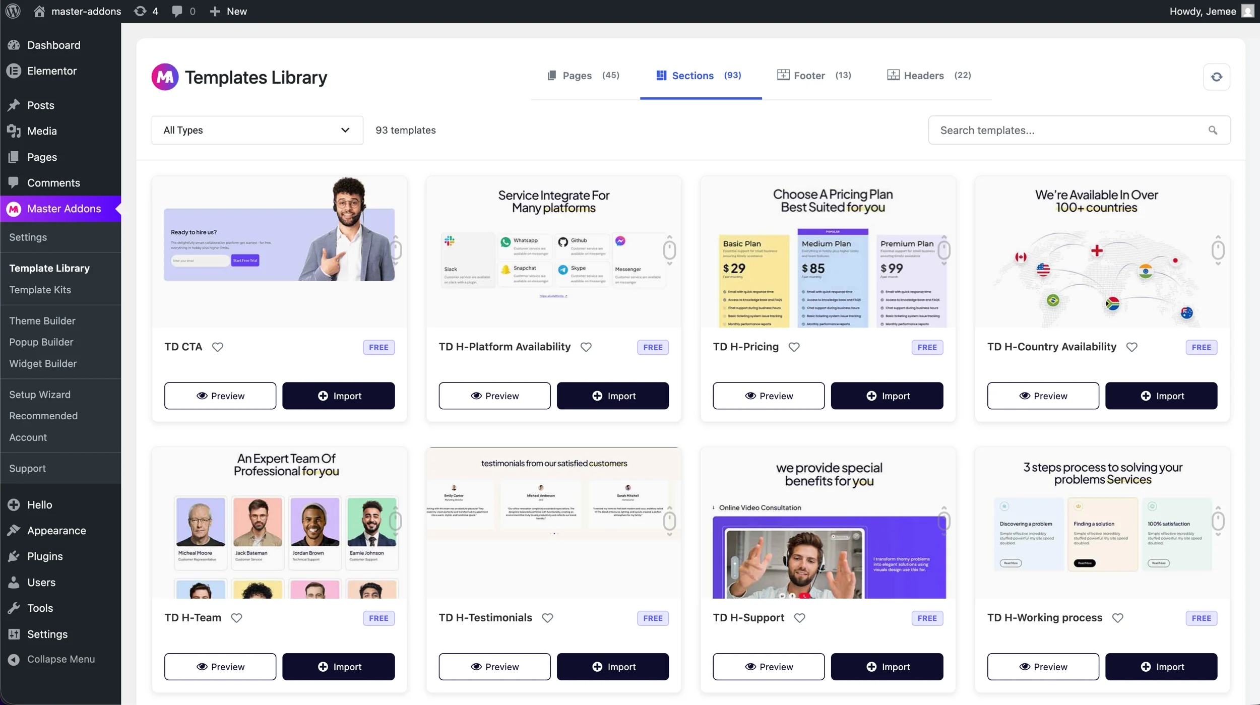 Master Addons Template Library Showing 93 Sections, 45 Pages, 13 Footers, 22 Headers