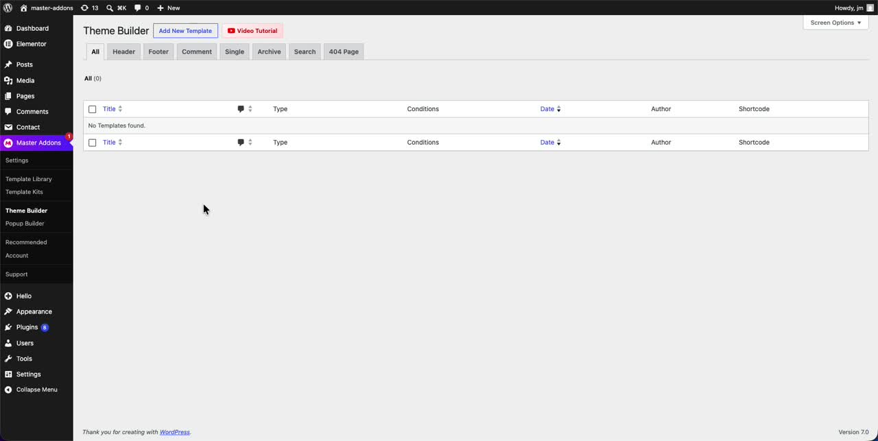 Master Addons Theme Builder showing the Footer tab and Add New Template button in WordPress