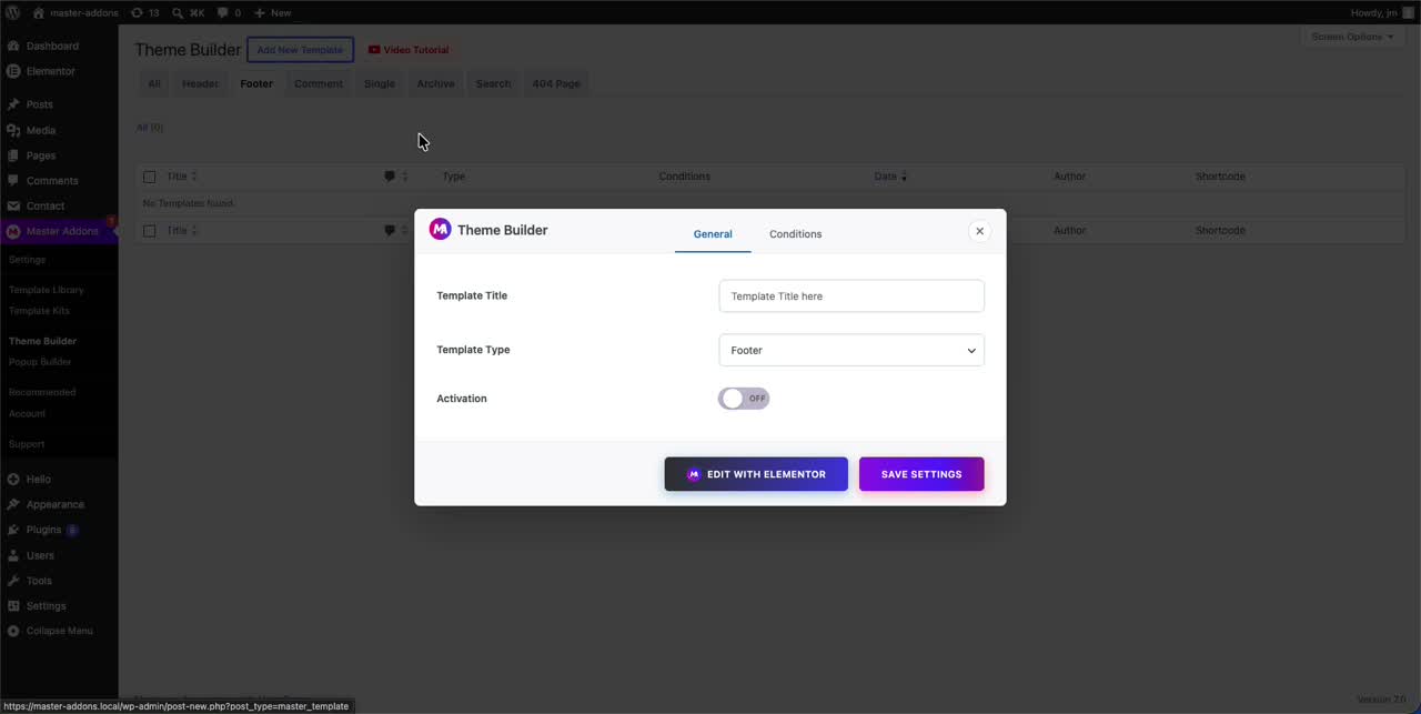 Theme Builder popup with Template Type set to Footer for creating a new Elementor footer in WordPress