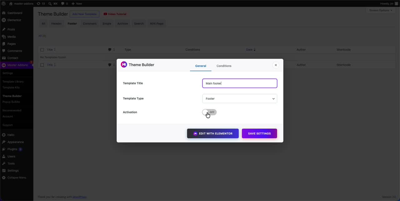 Naming the footer template Main footer and toggling Activation in Master Addons Theme Builder