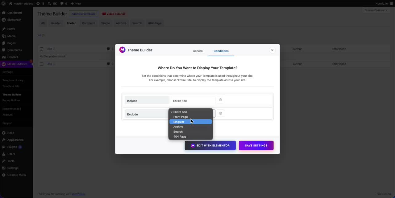 Setting footer display conditions to Include Entire Site and Exclude options in Master Addons