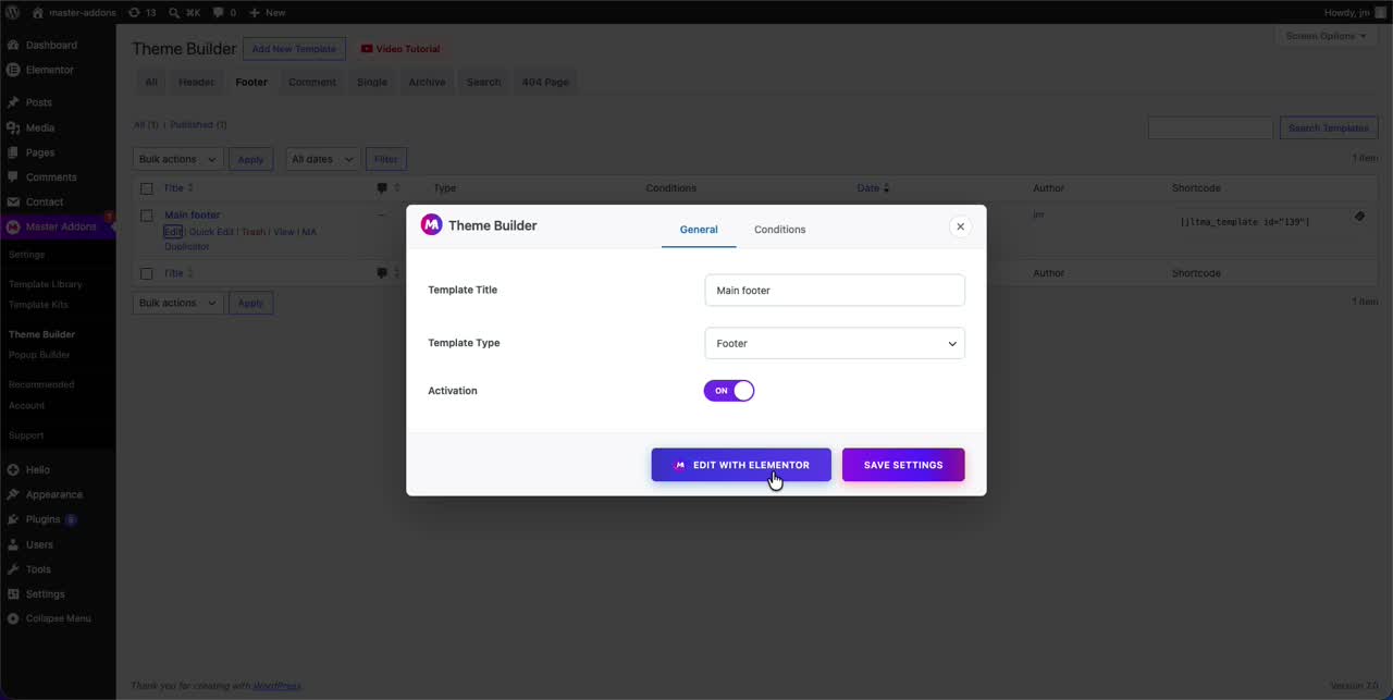 Footer template saved and activated in Master Addons Theme Builder with its shortcode shown