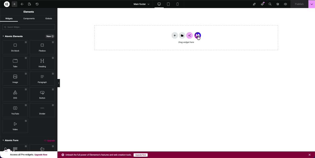 Empty Elementor footer canvas with the Master Addons widget panel ready to design a footer