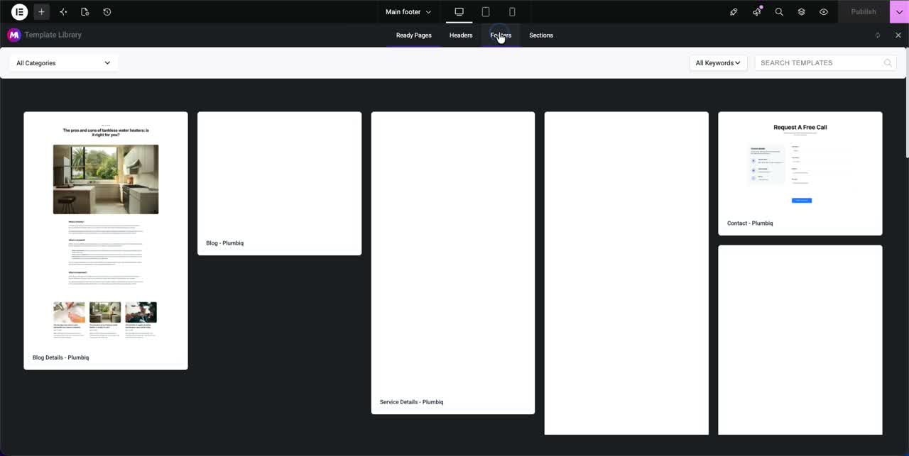 Master Addons Template Library inside Elementor with the Footers tab selected