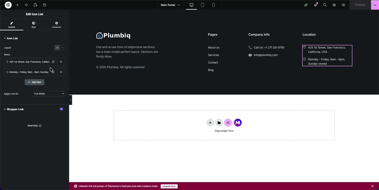 Editing a footer in Elementor with logo, menu, company info, and location columns using Master Addons