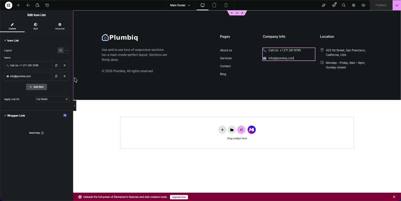 Editing footer company info phone number and email in the Elementor Icon List widget