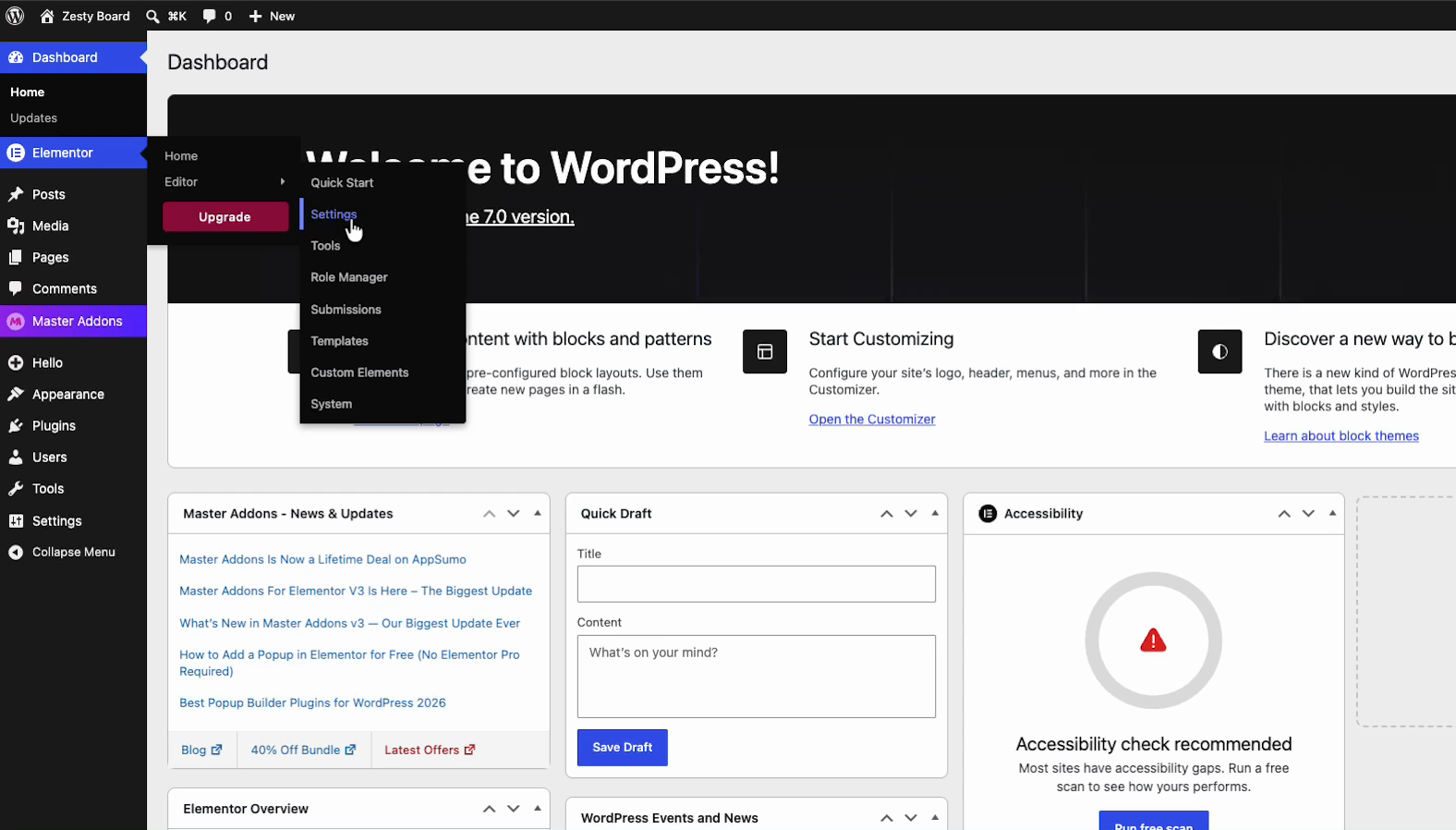 Opening Elementor Settings from the WordPress admin menu