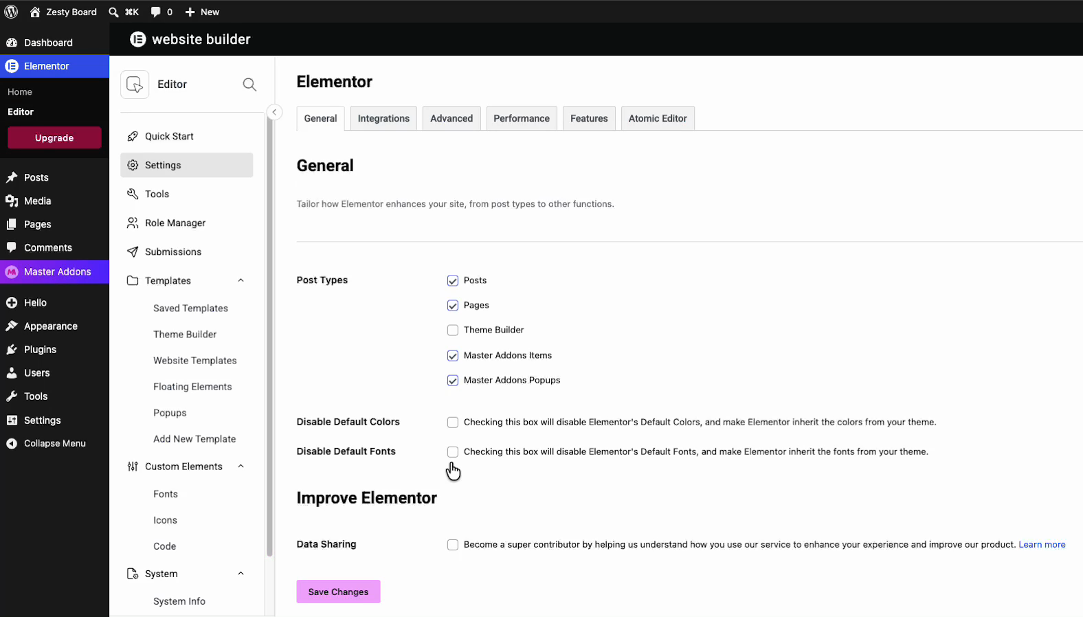 Disable Default Colors and Disable Default Fonts checkboxes in Elementor General settings