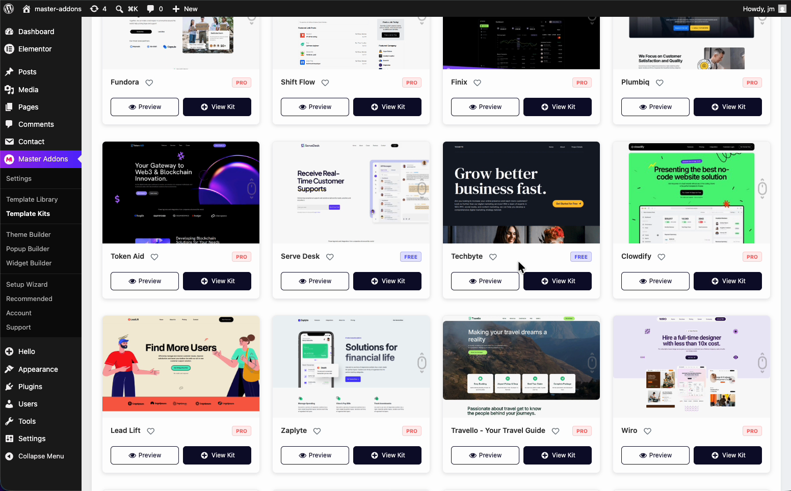 Master Addons Template Kits library showing the full grid of Elementor kits
