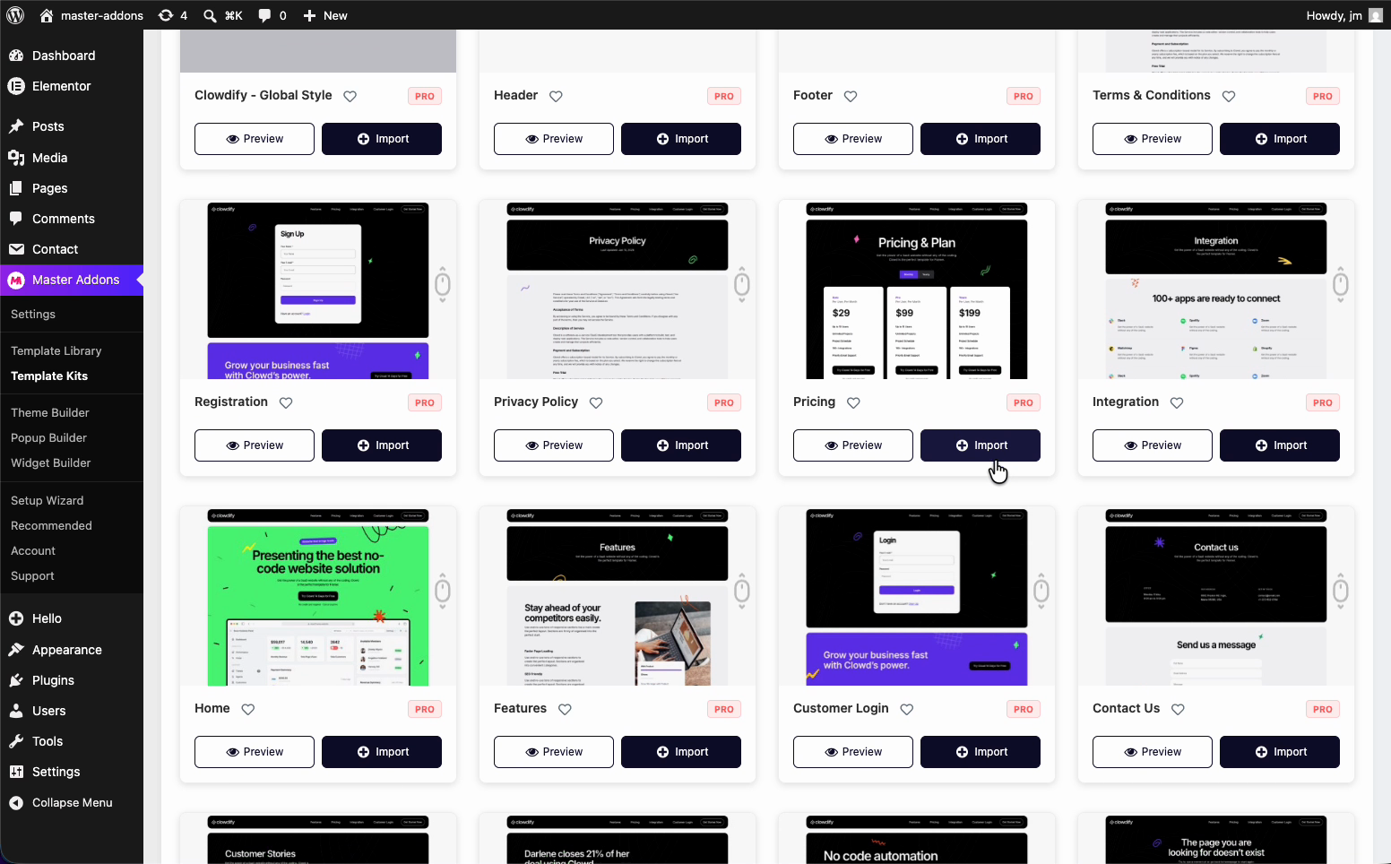 Clowdify kit opened in Master Addons showing all templates with Import buttons