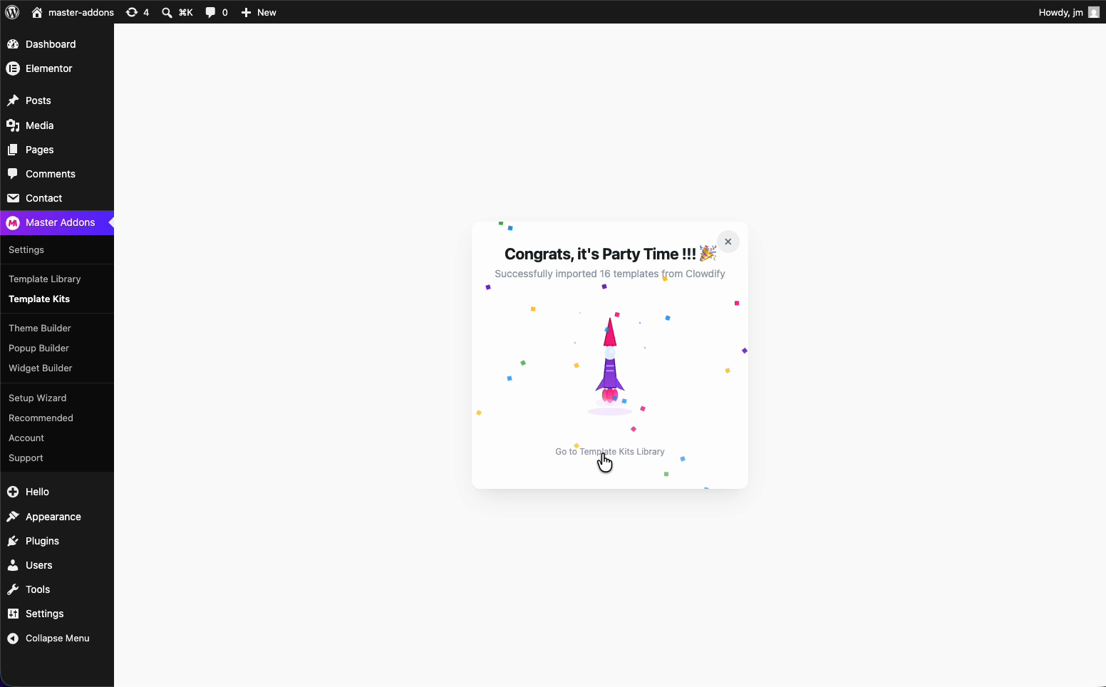Master Addons success message confirming 16 templates imported from the Clowdify kit