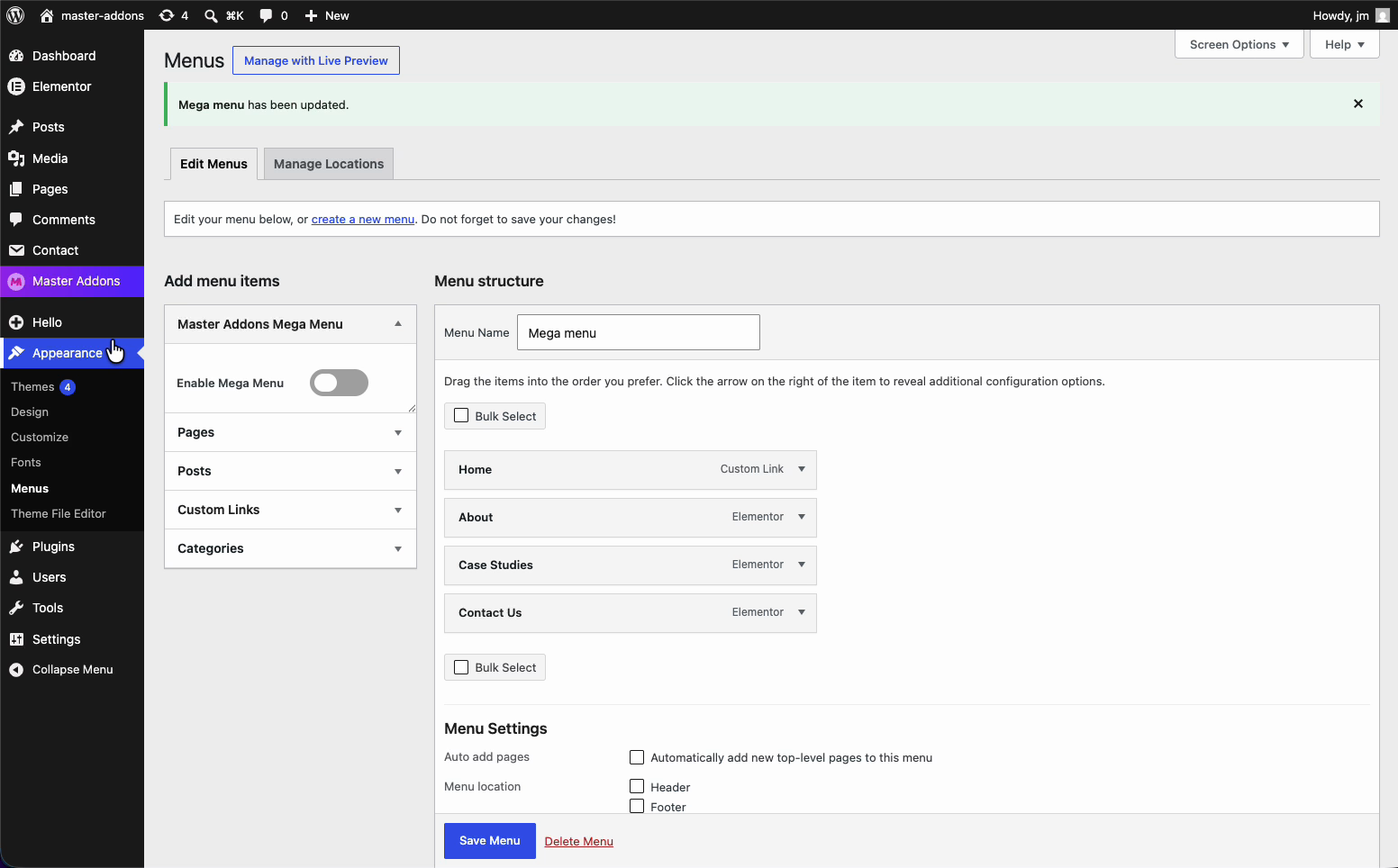 WordPress Appearance Menus with clean renamed items Home, About, Case Studies, and Contact Us