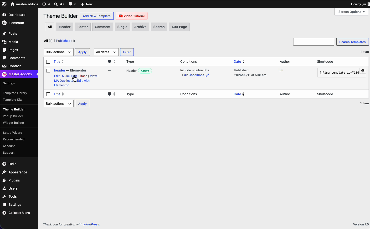 Master Addons Theme Builder showing the header template named and set to the entire site