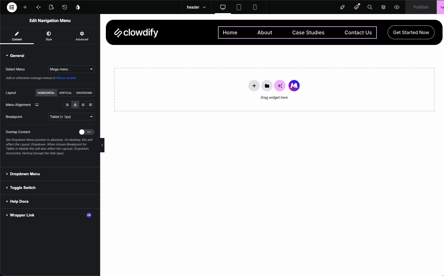 Master Addons Navigation Menu widget in the header with horizontal layout showing Home, About, Case Studies, and Contact Us