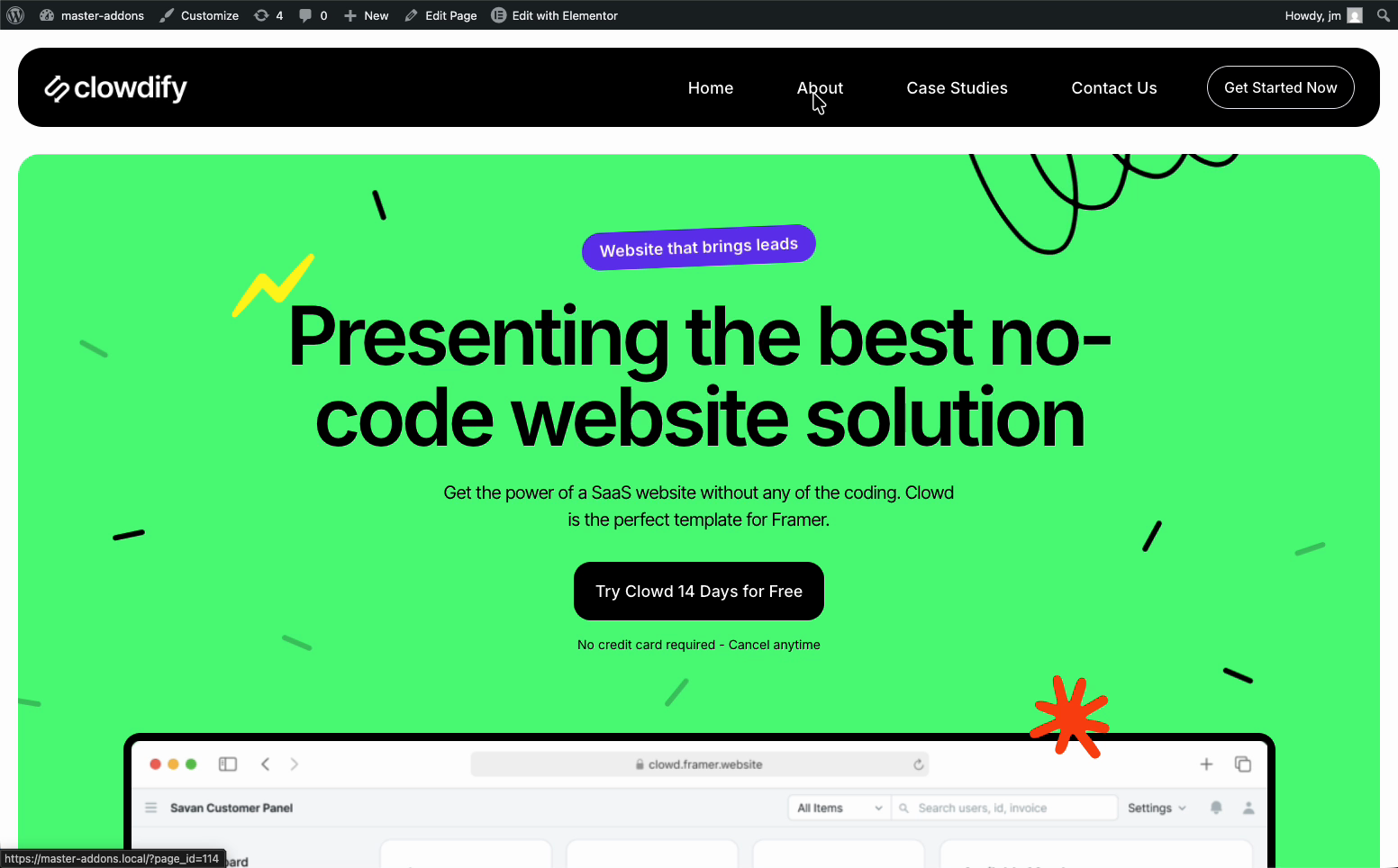 Clowdify kit homepage live on the front end with the Master Addons header and navigation menu