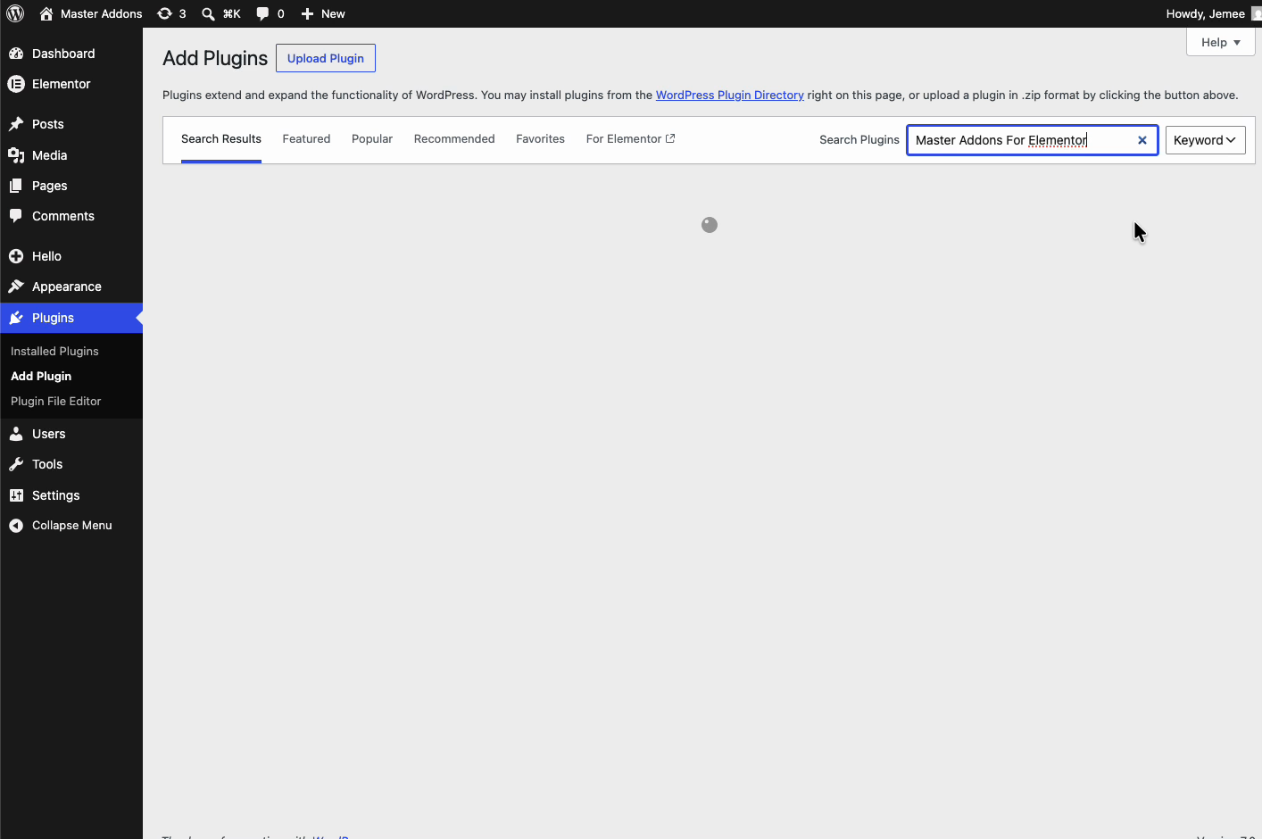 Searching for Master Addons for Elementor in the WordPress Plugins Add New screen
