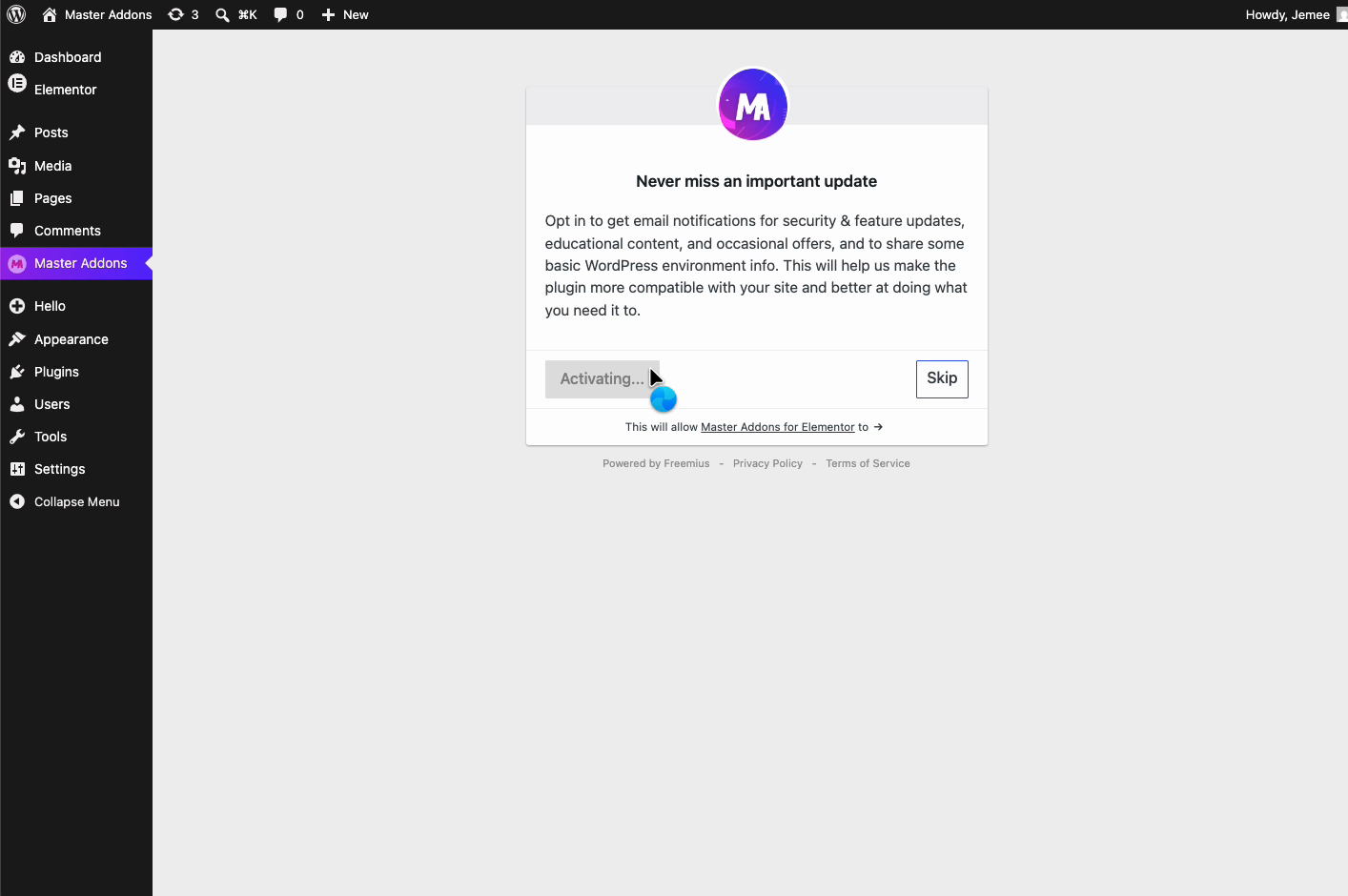 Activating Master Addons for Elementor after installation