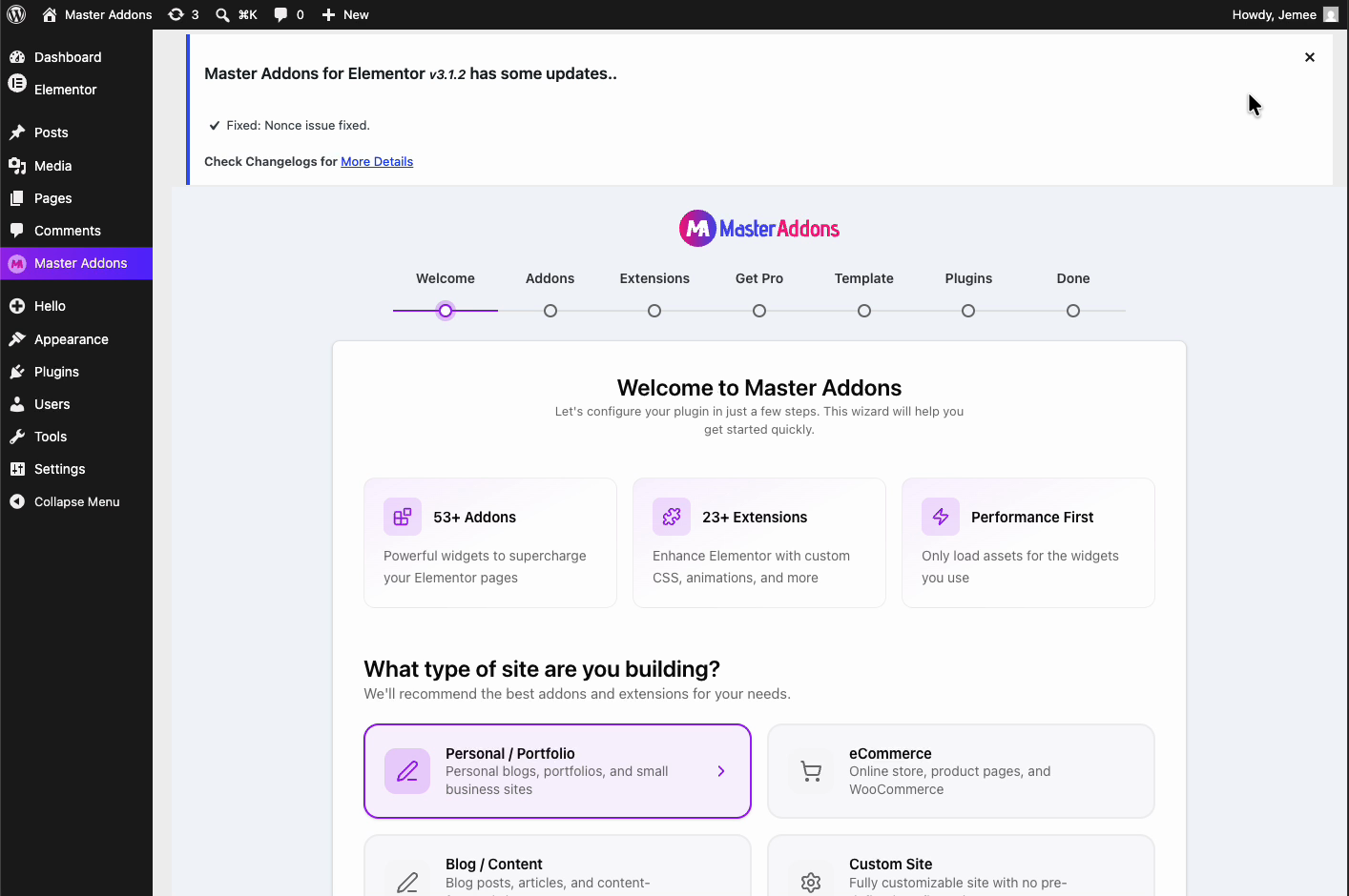 Master Addons for Elementor setup wizard welcome screen