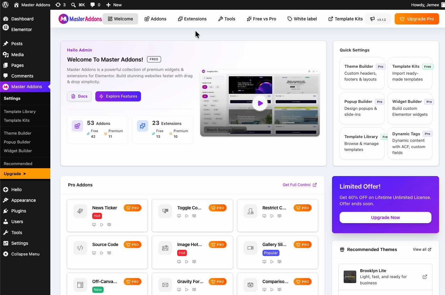 Master Addons for Elementor welcome dashboard after installation