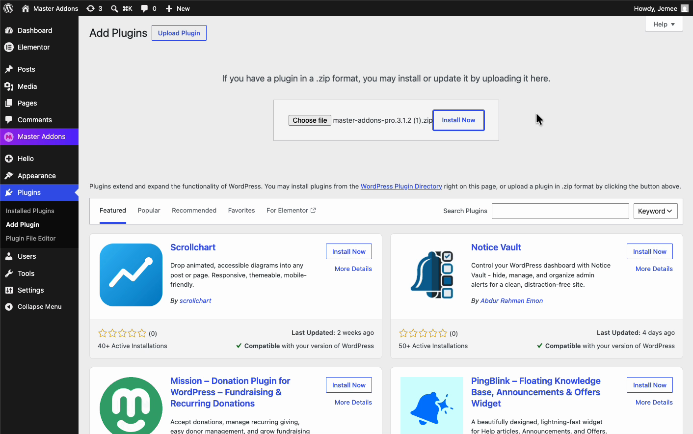 Uploading the Master Addons Pro zip file on the WordPress Add Plugins screen